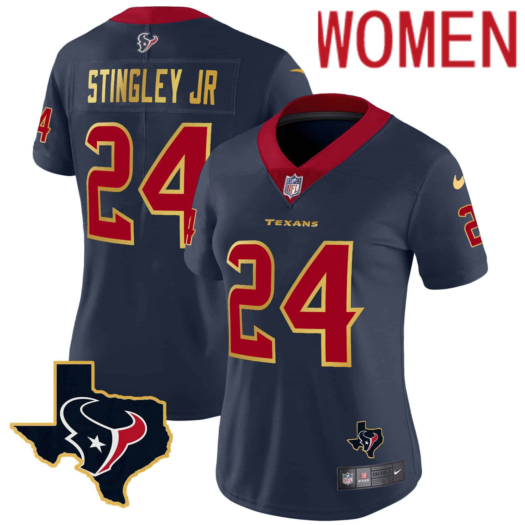 Women Houston Texans #24 Stingley jr Dark blue Gold 2024 Nike Trim Vapor NFL Jersey style 1->women nfl jersey->Women Jersey